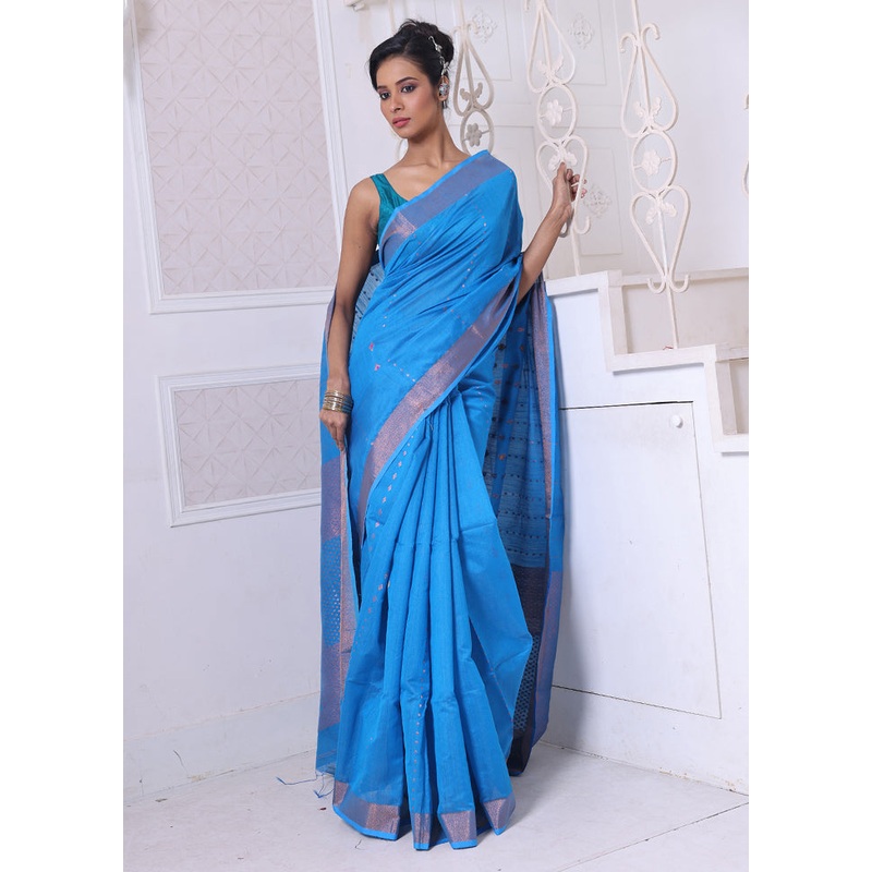 Sky Blue Pure Cotton Saree With Blouse Piece - JD986606524