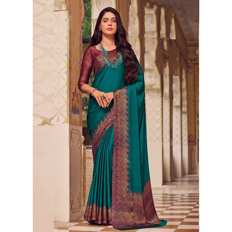 Turquoise Chiffon Silk Saree With Blouse Piece - JD986606688