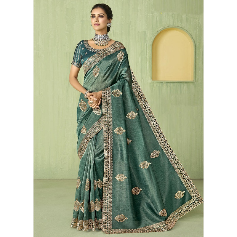 Turquoise Spun Silk Saree With Blouse Piece - JD986606685