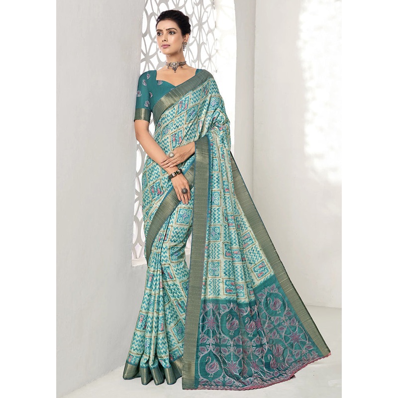 Turquoise Spun Silk Saree With Blouse Piece - JD986606686