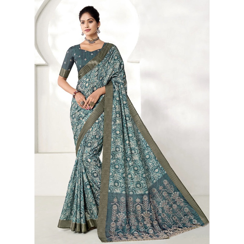 Turquoise Spun Silk Saree With Blouse Piece - JD986606687