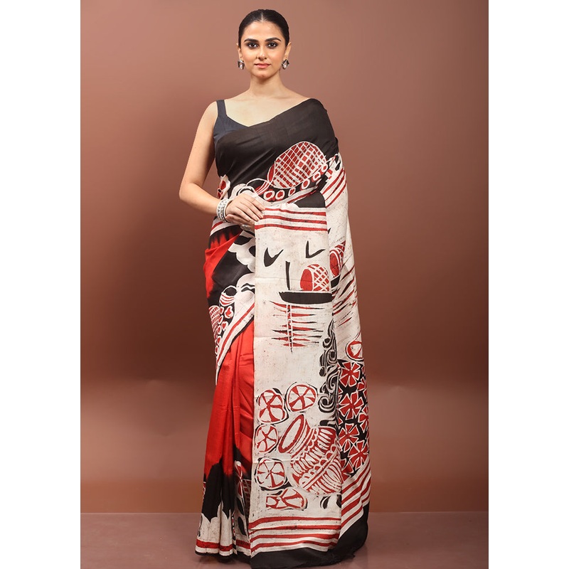 White Printed Pure Silk Saree Without Blouse Piece - JD986606519