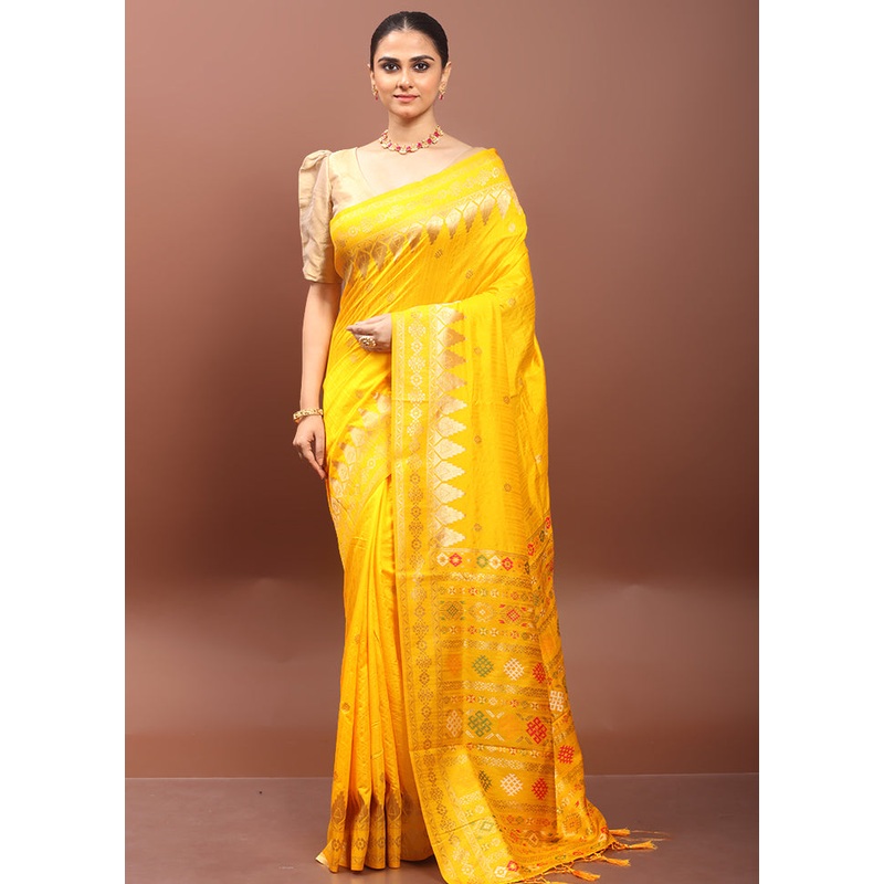 Yellow Dupion Silk Saree With Blouse Piece - JD986606518