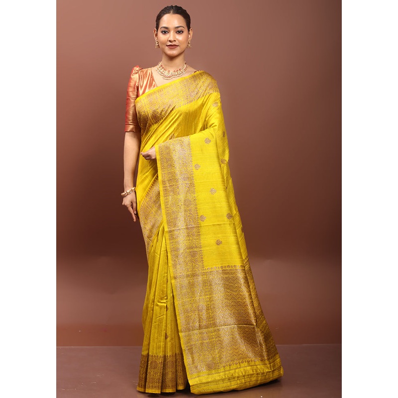 Yellow Handloom Tussar Pure Silk Saree With Blouse Piece - JD986606516