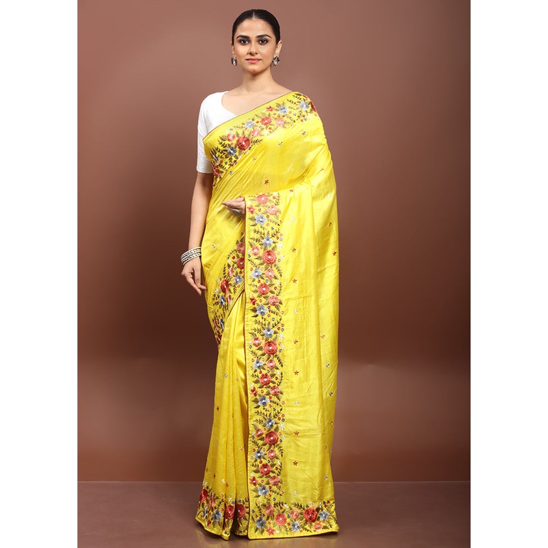 Yellow Handloom Tussar Pure Silk Saree With Blouse Piece - JD986606517