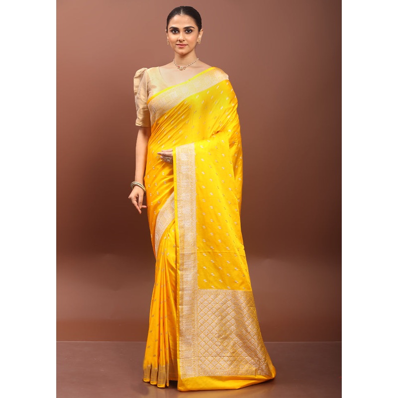 Yellow Katan Silk Saree With Blouse Piece - JD986606514