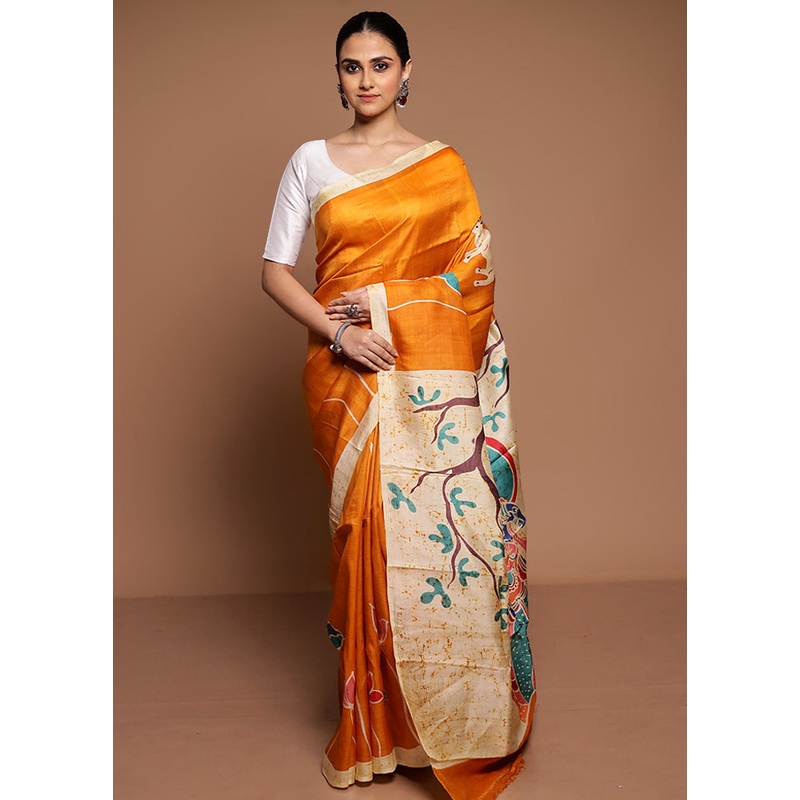 Yellow Printed Pure Silk Saree Without Blouse Piece - JD986606509
