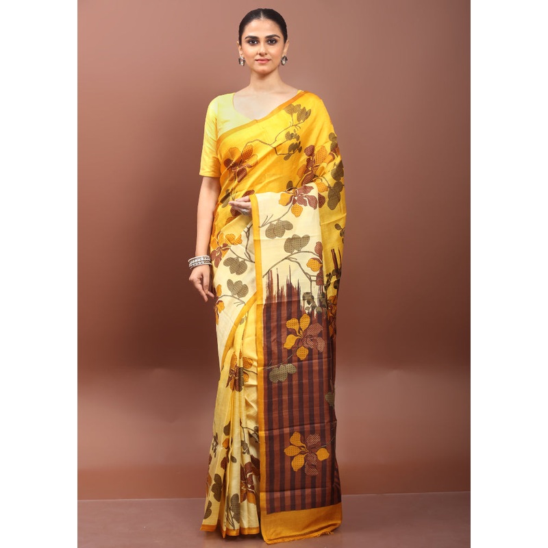 Yellow Printed Pure Silk Saree Without Blouse Piece - JD986606511