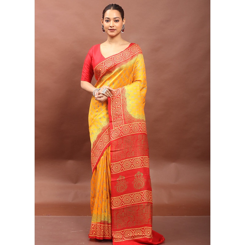 Yellow Printed Pure Silk Saree Without Blouse Piece - JD986606512