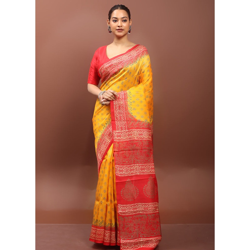 Yellow Printed Pure Silk Saree Without Blouse Piece - JD986606513