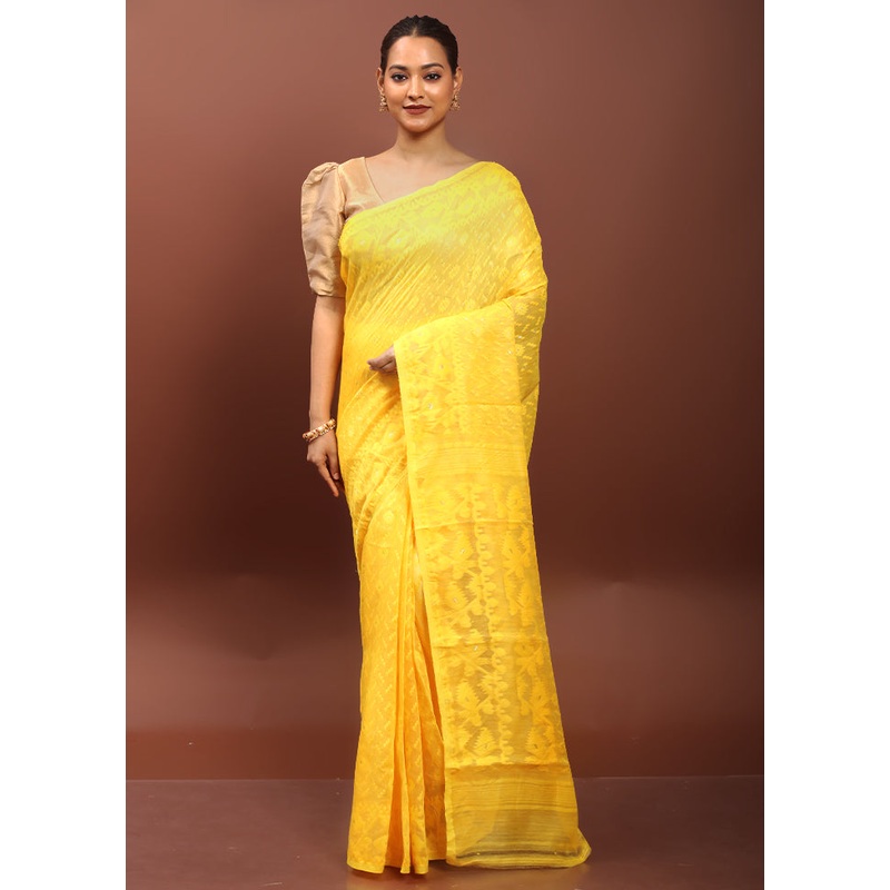 Yellow Tant Jamdani Saree Without Blouse Piece - JD986606510