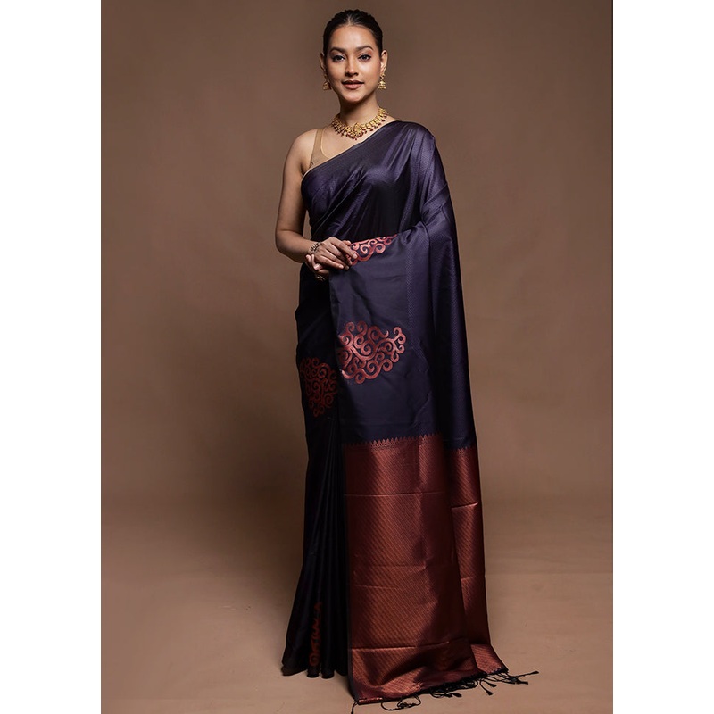 Blue Dupion Silk Saree With Blouse Piece - JD986606344