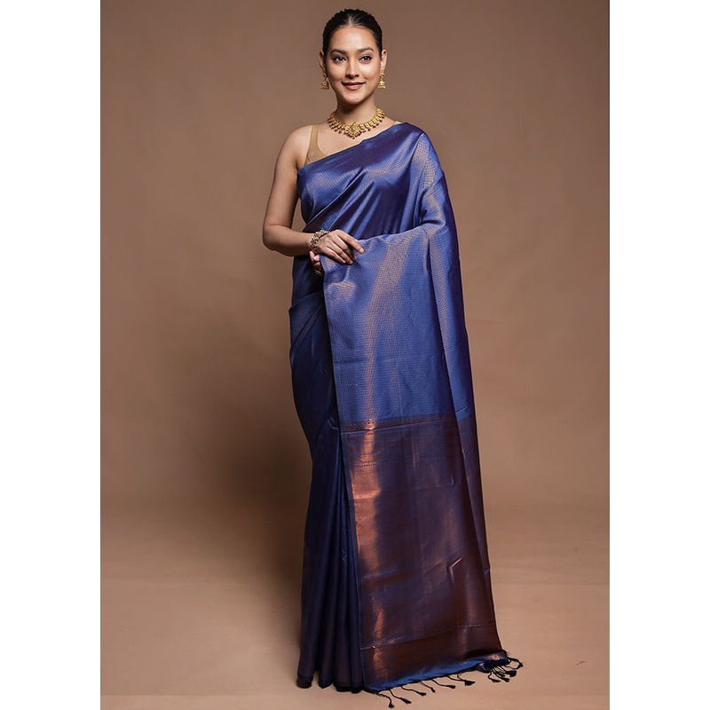 Blue Dupion Silk Saree With Blouse Piece - JD986606346