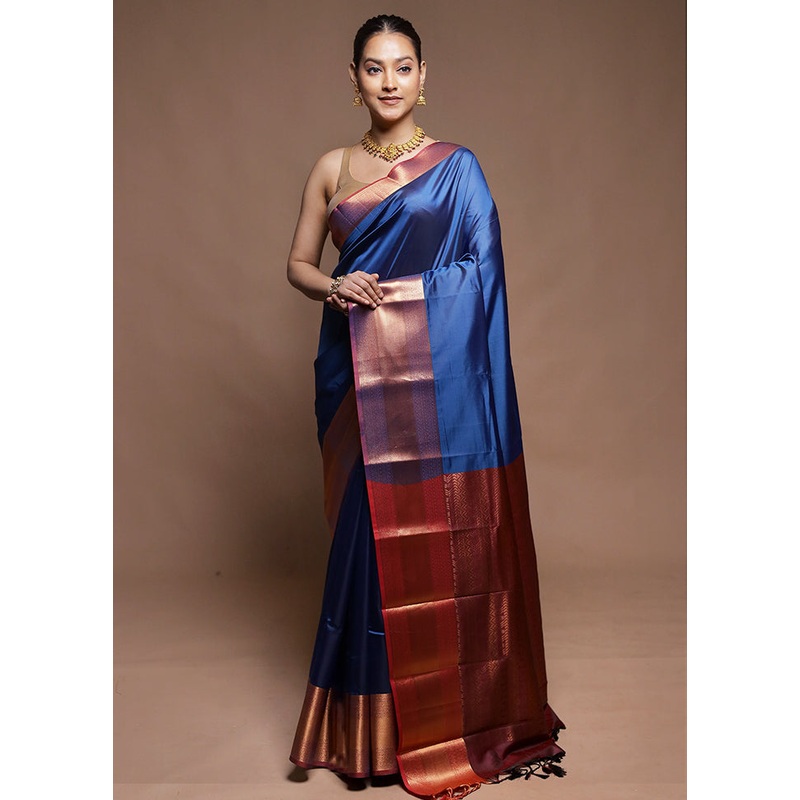 Blue Dupion Silk Saree With Blouse Piece - JD986606347