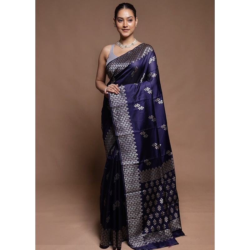 Blue Dupion Silk Saree With Blouse Piece - JD986606348