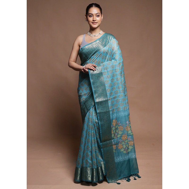 Blue Dupion Silk Saree With Blouse Piece - JD986606349