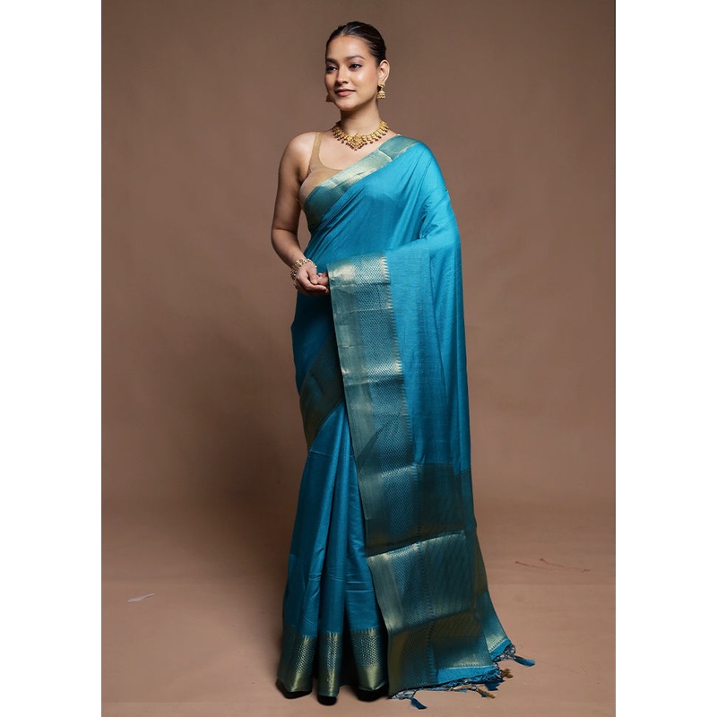 Blue Dupion Silk Saree With Blouse Piece - JD986606350