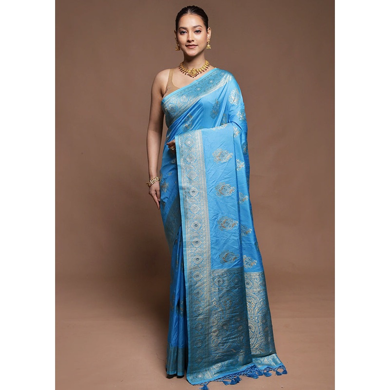 Blue Dupion Silk Saree With Blouse Piece - JD986606351