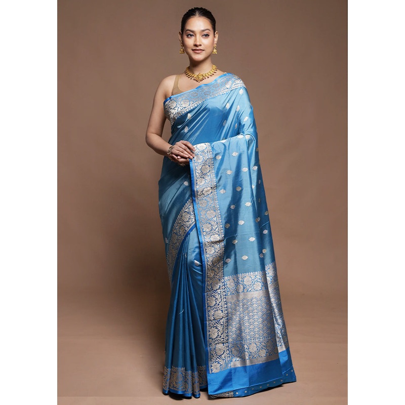 Blue Handloom Katan Pure Silk Saree With Blouse Piece - JD986606341