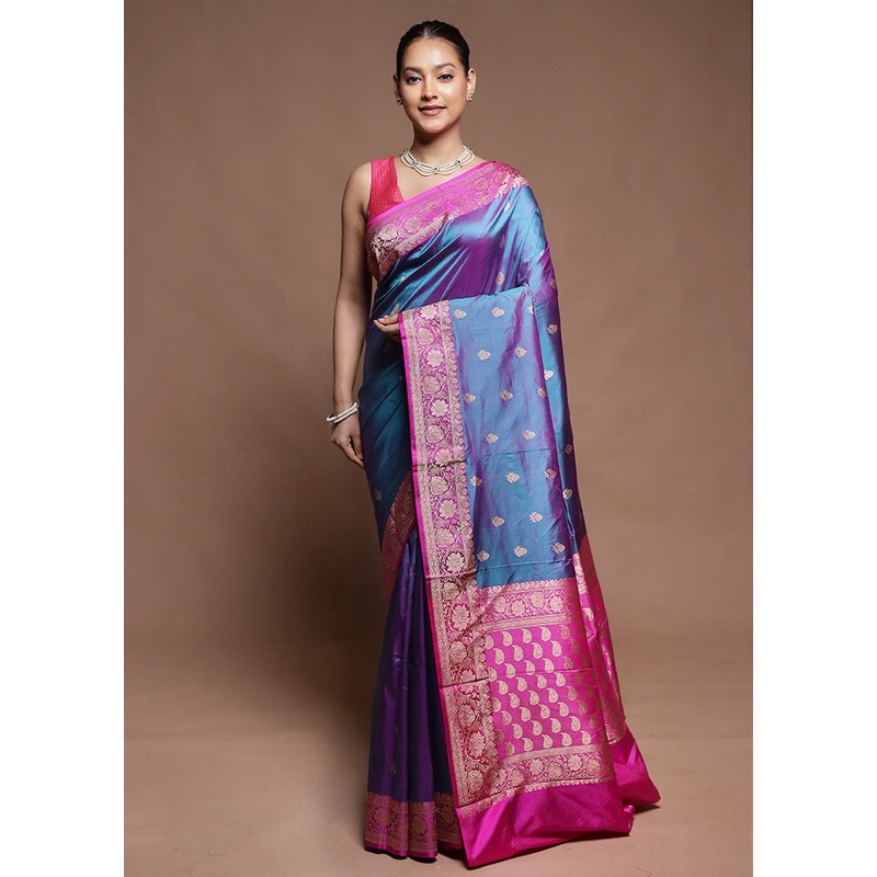 Blue Handloom Katan Pure Silk Saree With Blouse Piece - JD986606342