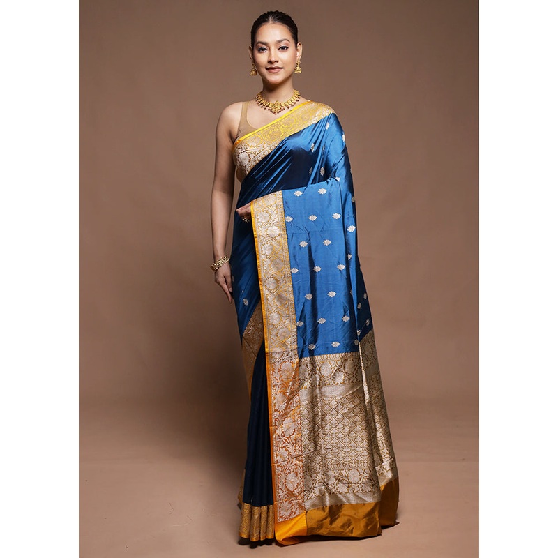 Blue Handloom Katan Pure Silk Saree With Blouse Piece - JD986606343