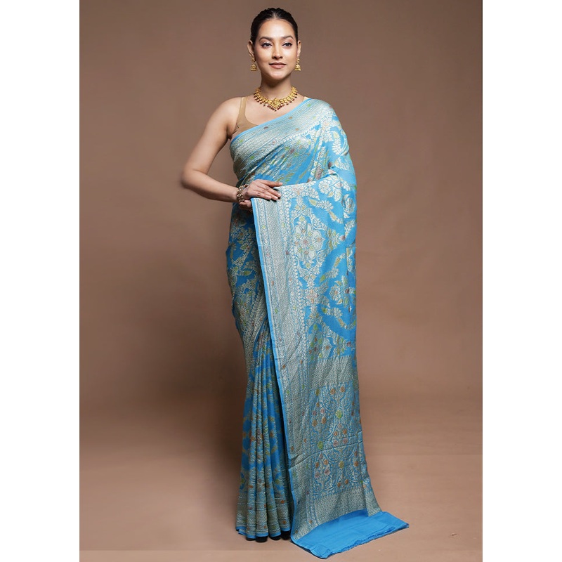 Blue Handloom Pure Georgette Saree With Blouse Piece - JD986606340