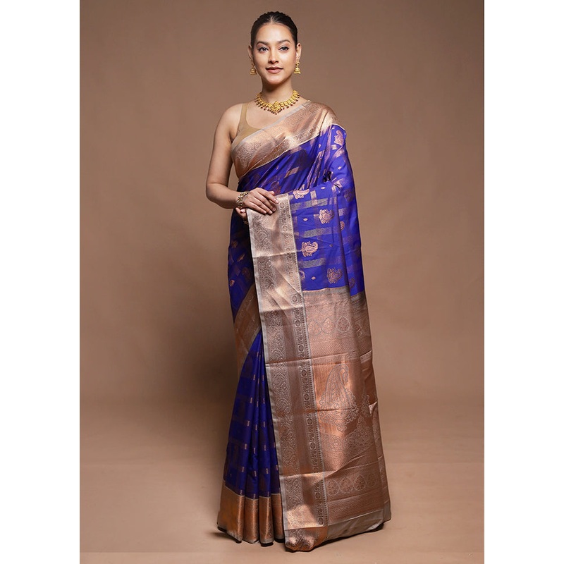 Blue Kanjivaram Silk Saree With Blouse Piece - JD986606331