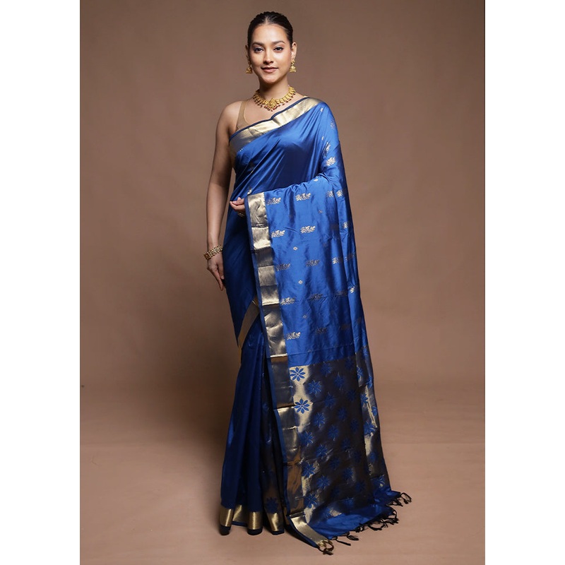 Blue Kanjivaram Silk Saree With Blouse Piece - JD986606332