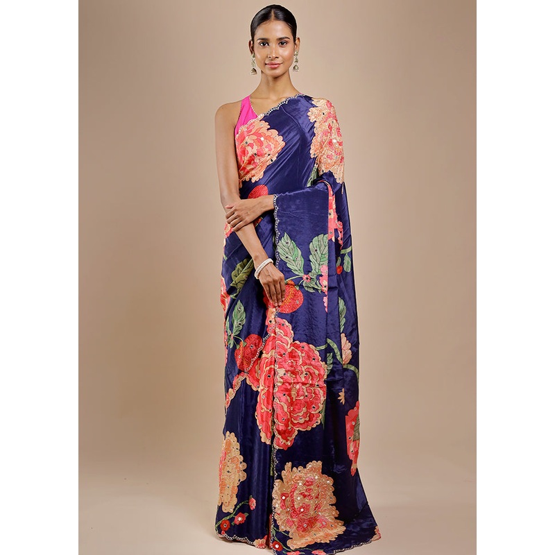 Blue Printed Pure Silk Saree Without Blouse Piece - JD986606402