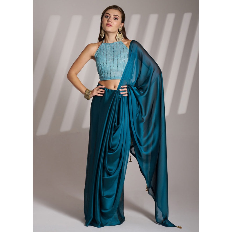 Blue Satin Silk Saree With Blouse Piece - JD986606413