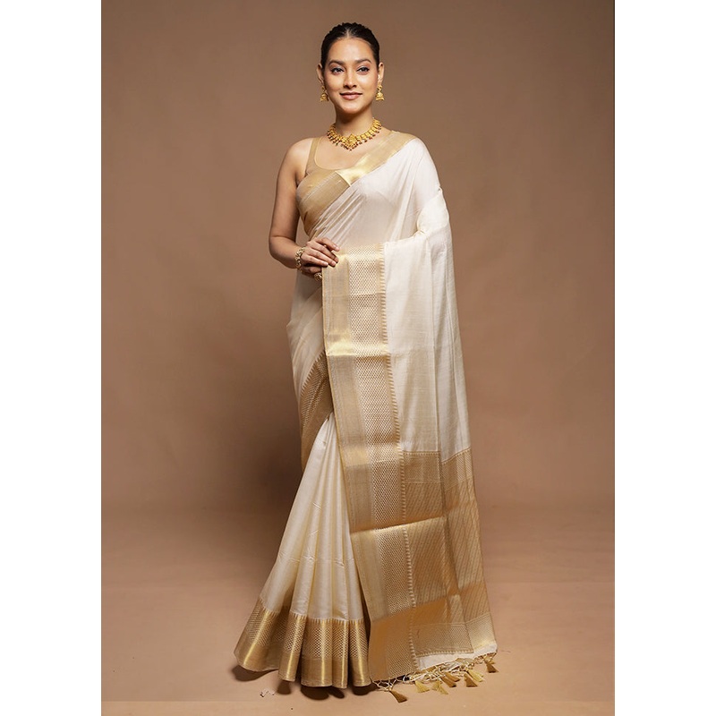 Cream Dupion Silk Saree With Blouse Piece - JD986606326