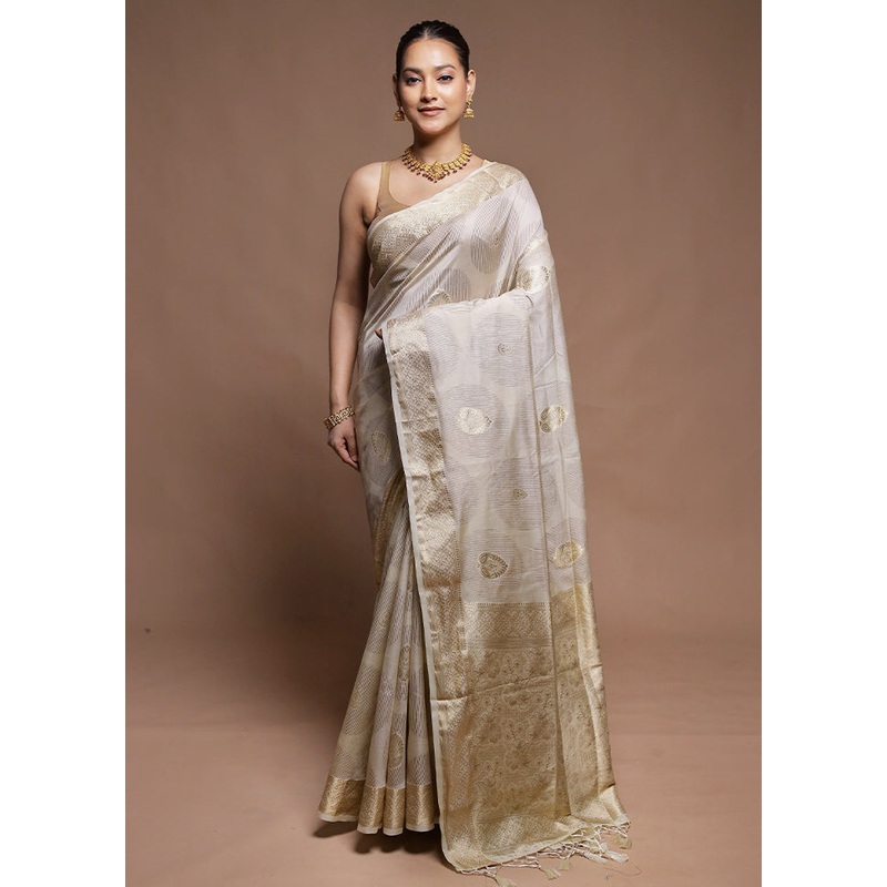 Cream Dupion Silk Saree With Blouse Piece - JD986606327