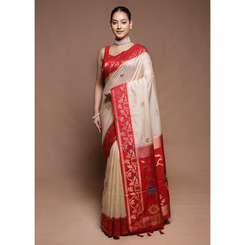 Cream Dupion Silk Saree With Blouse Piece - JD986606328