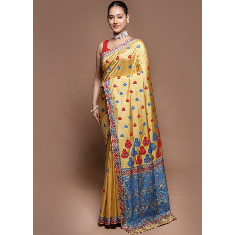 Cream Handloom Assam Pure Silk Saree With Blouse Piece - JD986606325