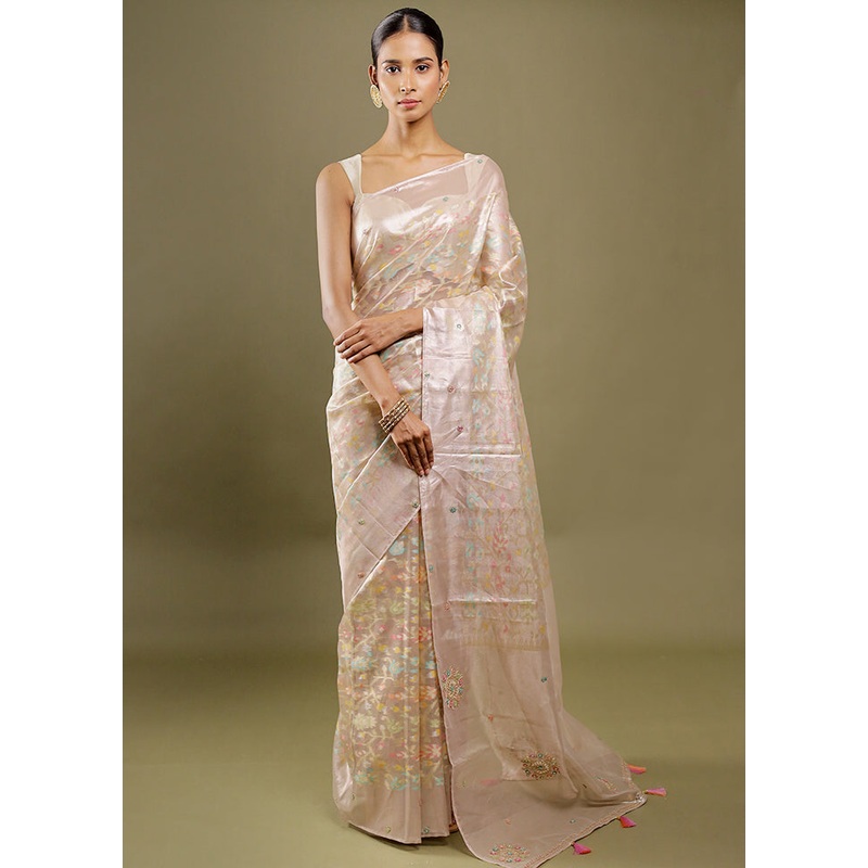Cream Handloom Tissue Pure Silk Saree With Blouse Piece - JD986606400