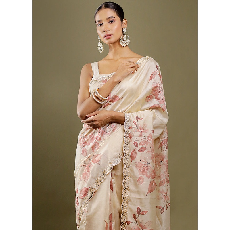 Cream Handloom Tussar Pure Silk Saree With Blouse Piece - JD986606397