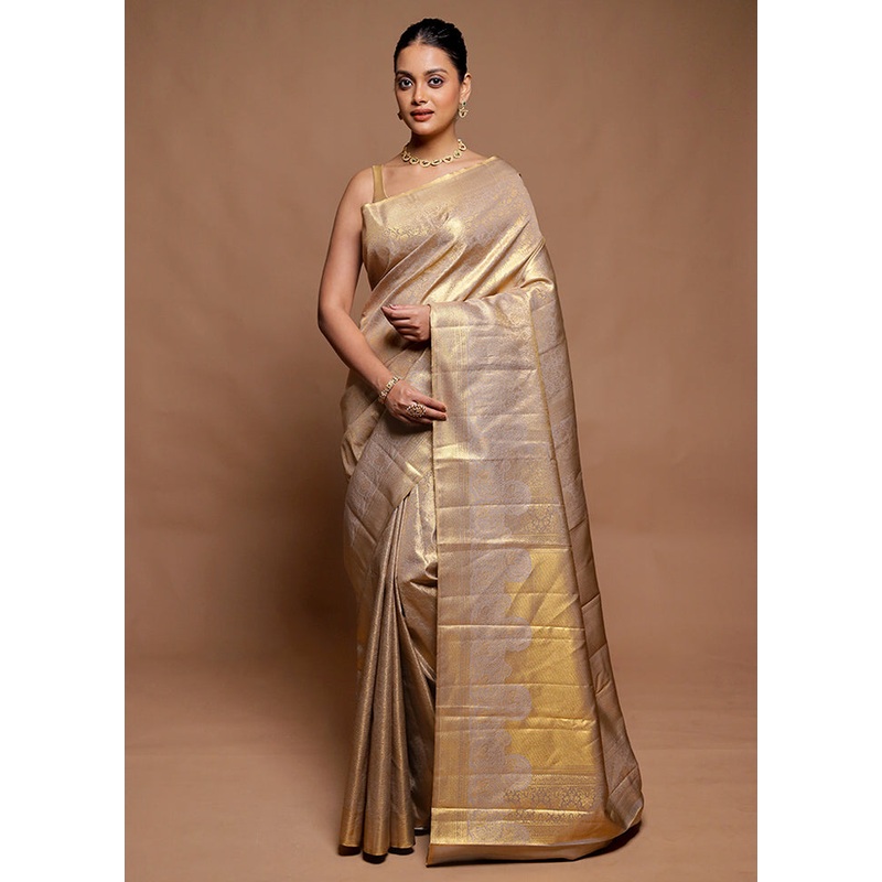 Cream Kanjivaram Silk Saree With Blouse Piece - JD986606488