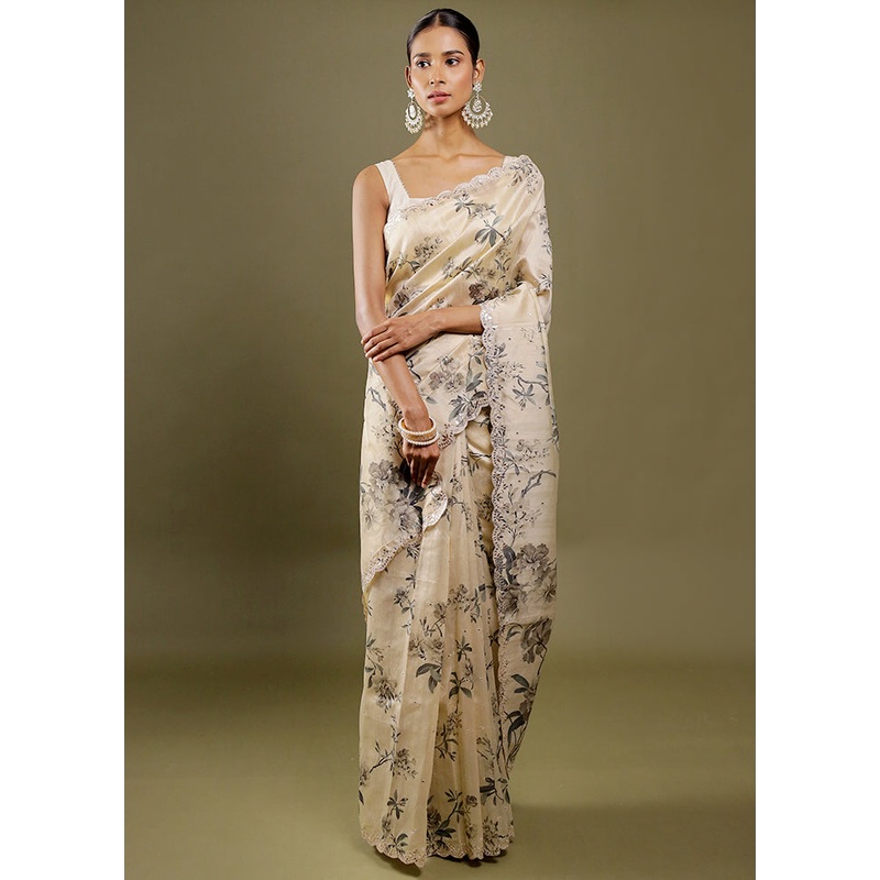 Cream Printed Pure Silk Saree Without Blouse Piece - JD986606370