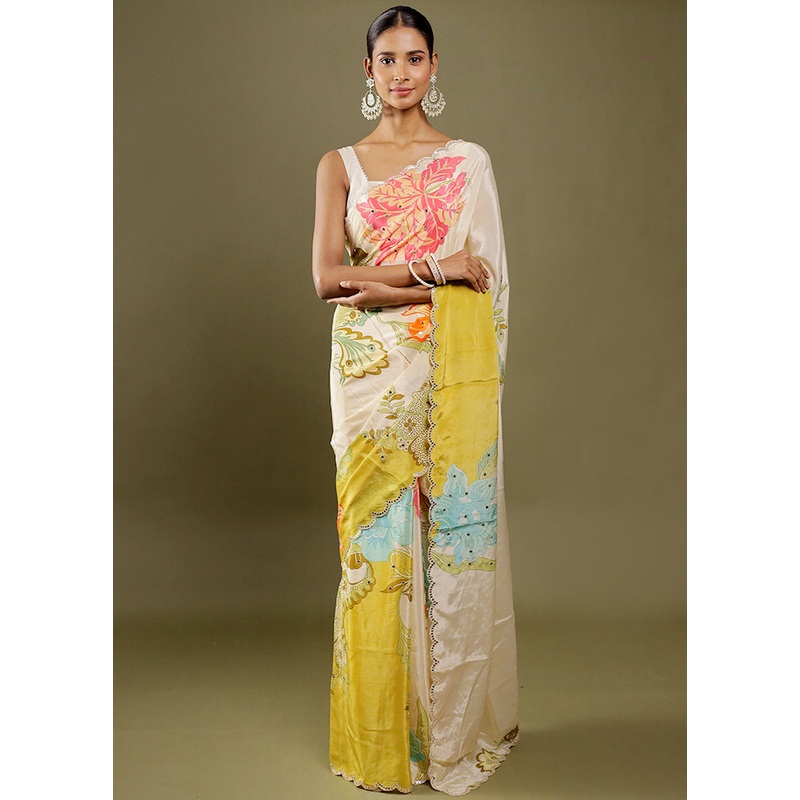 Cream Printed Pure Silk Saree Without Blouse Piece - JD986606392