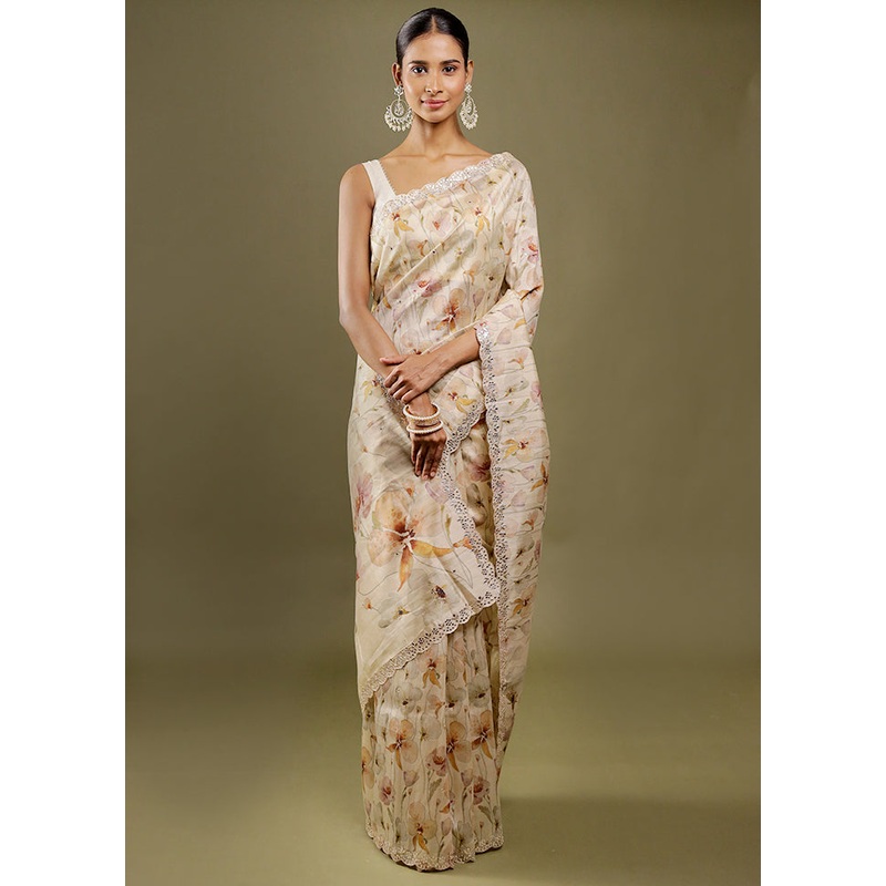 Cream Tussar Silk Saree With Blouse Piece - JD986606369