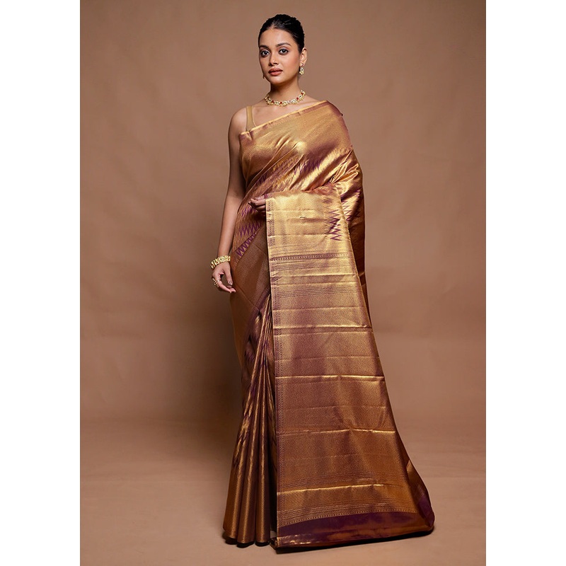 Golden Kanjivaram Silk Saree With Blouse Piece - JD986606407