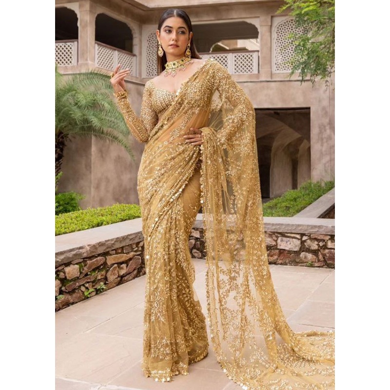 Golden Net Saree With Blouse Piece - JD986606353