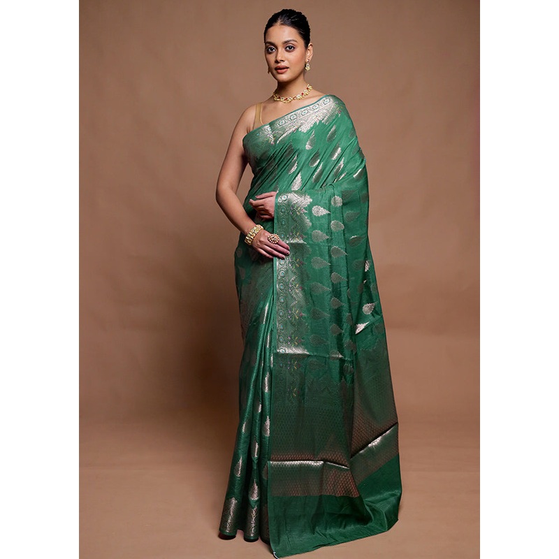 Green Dupion Silk Saree With Blouse Piece - JD986606475