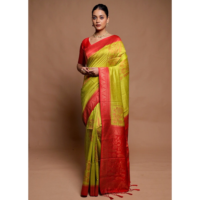 Green Dupion Silk Saree With Blouse Piece - JD986606479