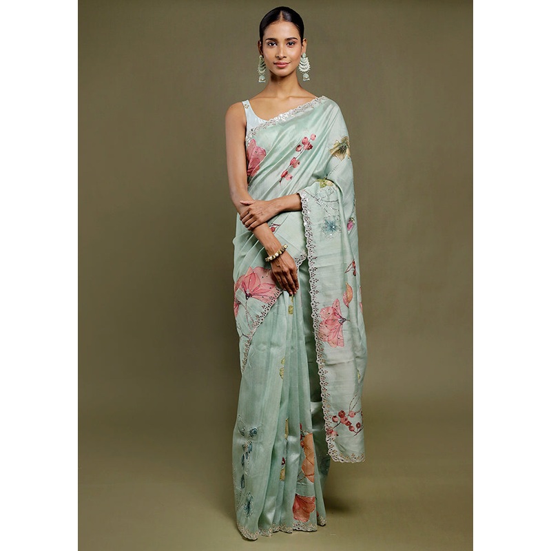 Green Handloom Tussar Pure Silk Saree With Blouse Piece - JD986606390