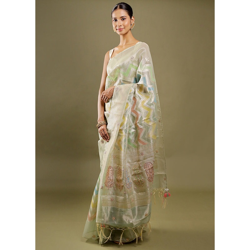 Green Tissue Silk Saree With Blouse Piece - JD986606365