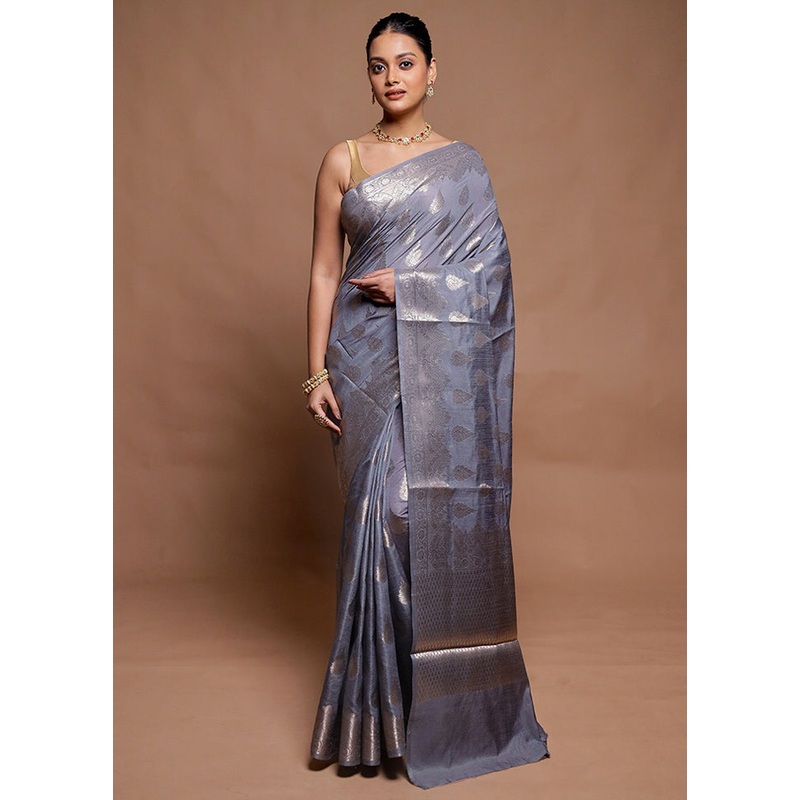 Grey Dupion Silk Saree With Blouse Piece - JD986606456