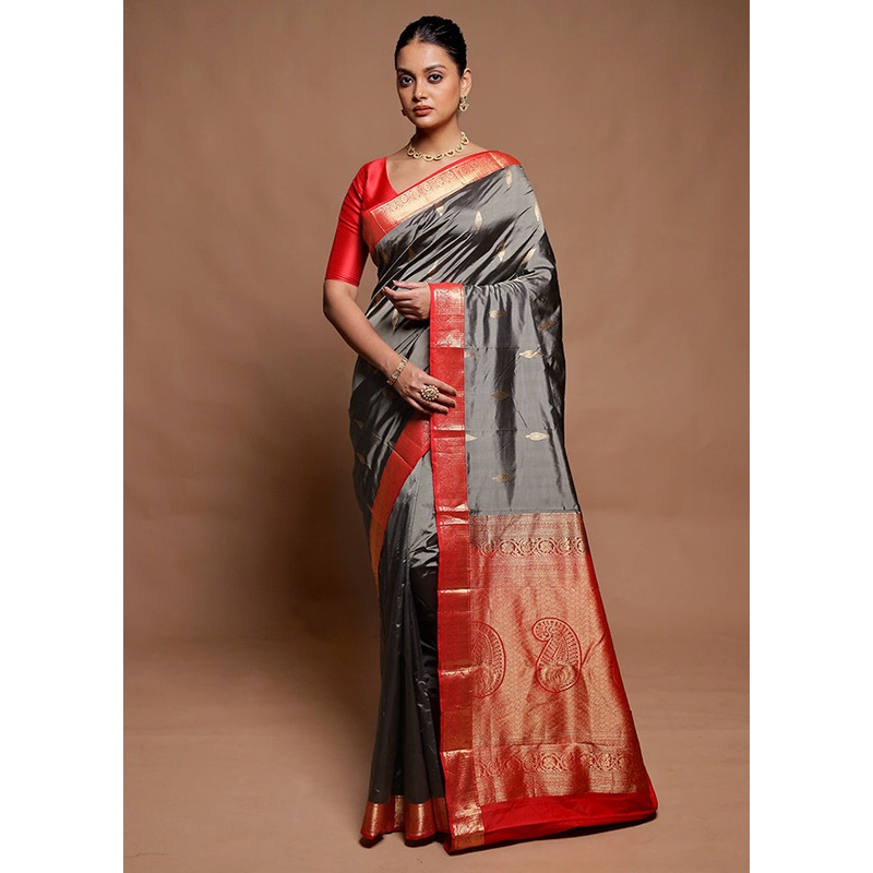 Grey Handloom Kanchipuram Pure Silk Saree With Blouse Piece - JD986606455