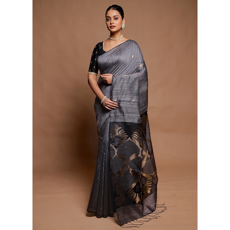 Grey Handloom Matka Pure Silk Saree With Blouse Piece - JD986606454