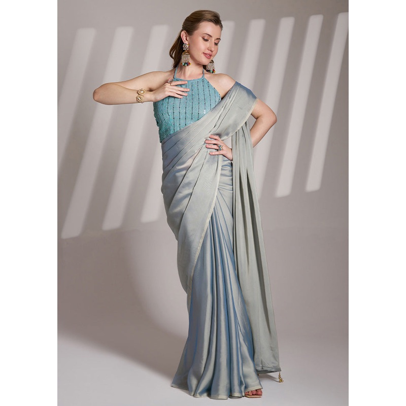 Grey Satin Silk Saree With Blouse Piece - JD986606414
